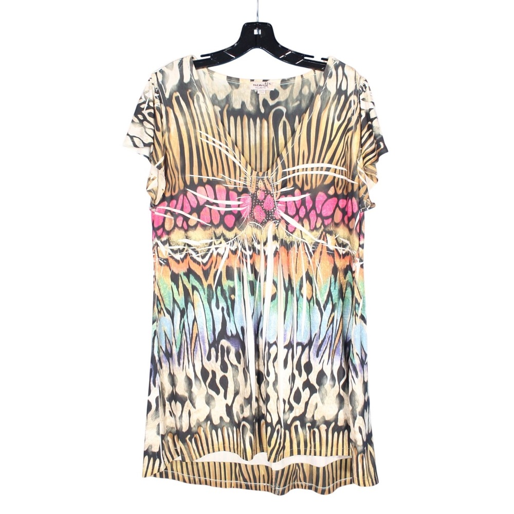 VTG Y2K ONE WORLD Sublimation COLORFUL BUTTERFLY Rhinestones TUNIC TOP/DRESS XL